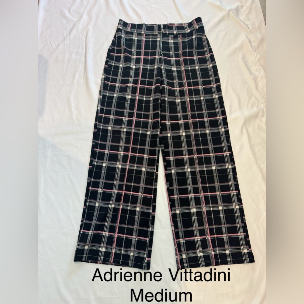 Adrienne Vittadini Black and Pink Plaid Wide Leg Pants